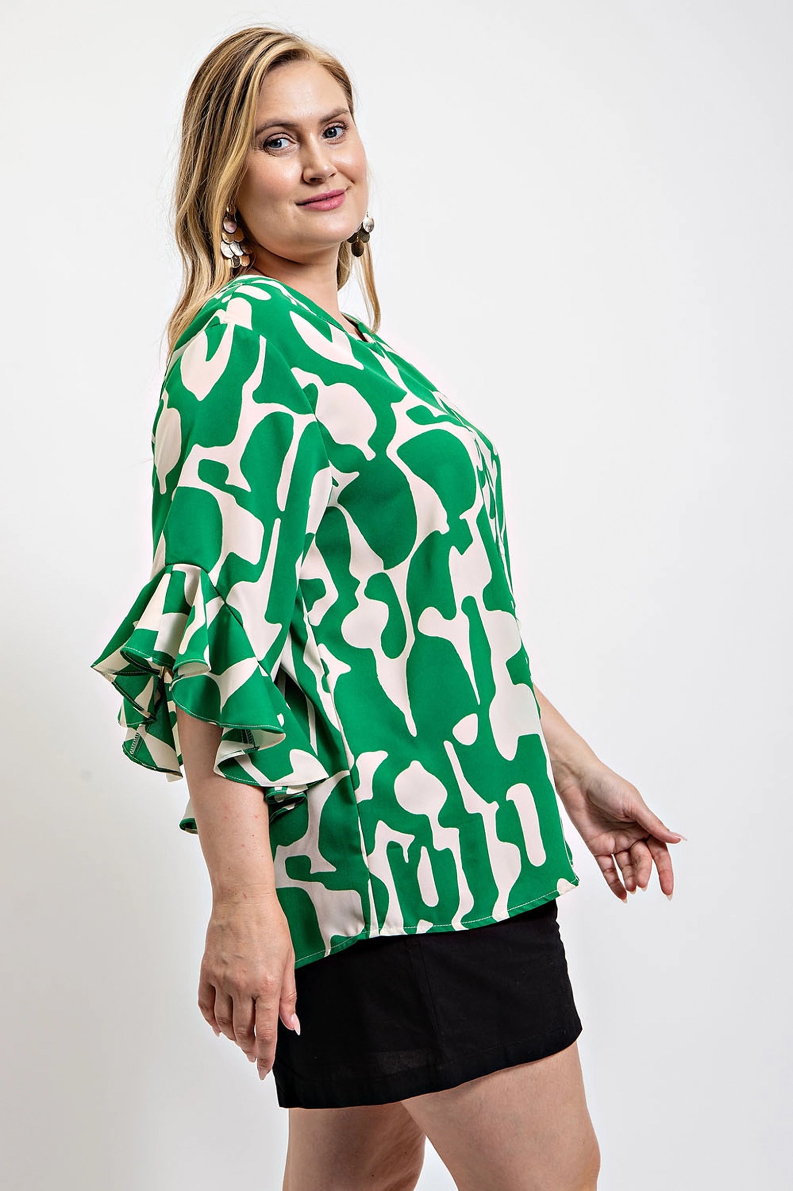 Geometric Ruffle Sleeve Blouse -