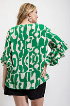 Geometric Ruffle Sleeve Blouse -