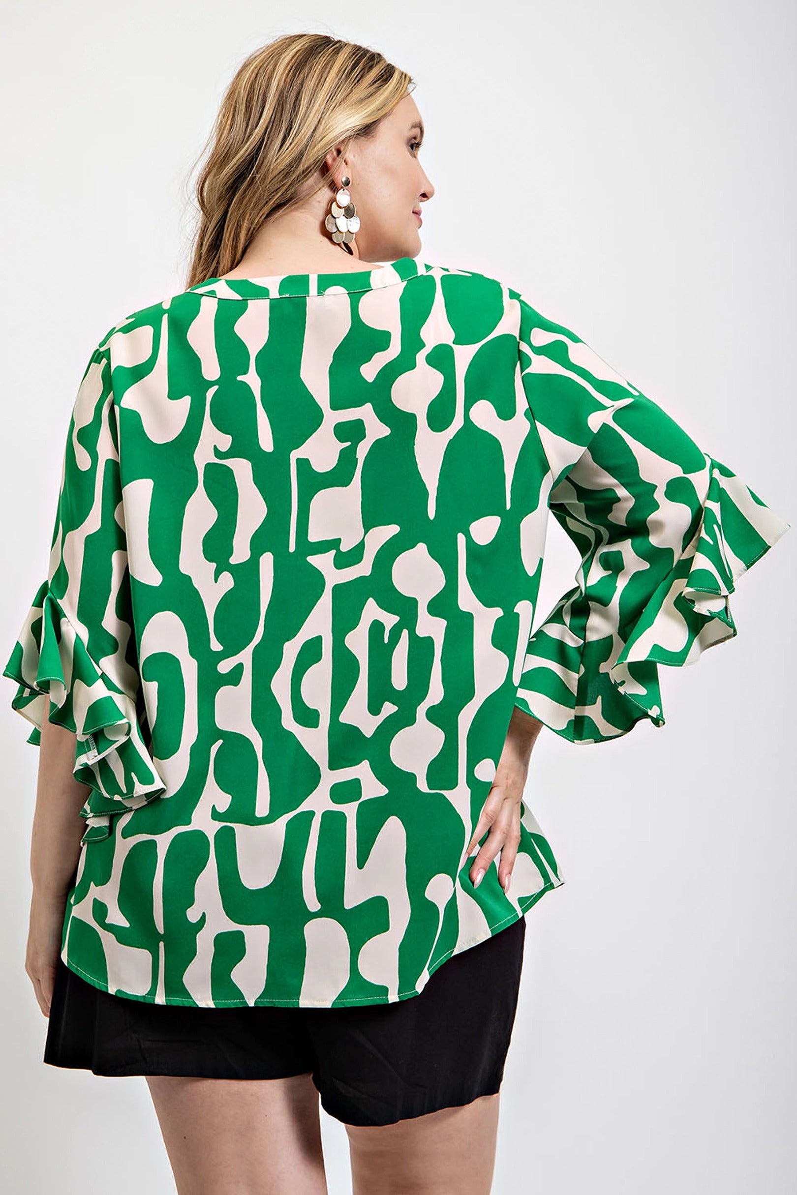 Geometric Ruffle Sleeve Blouse -