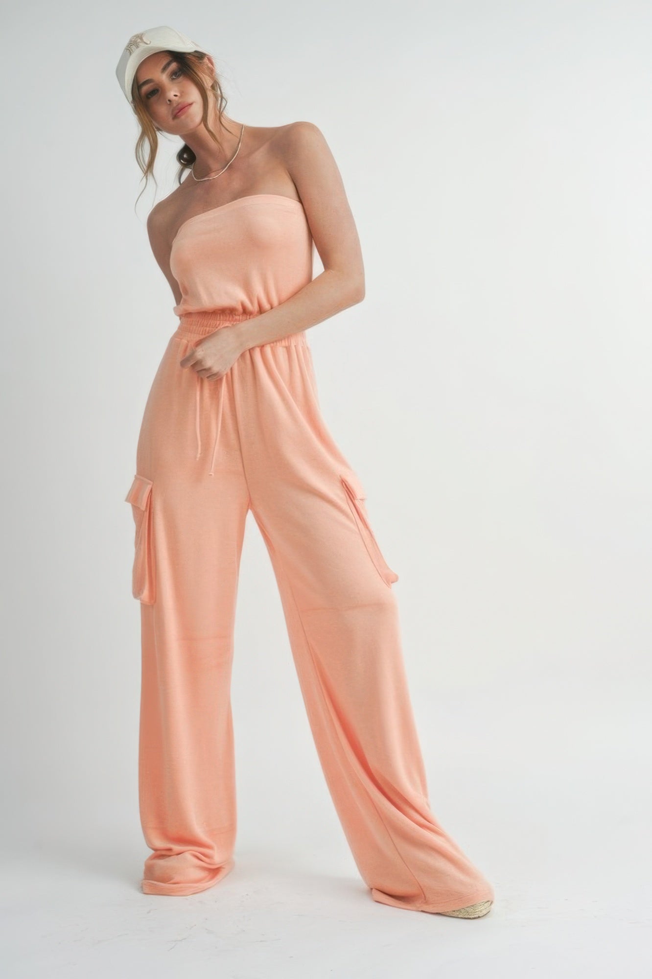 Strapless Wide Leg Jumpsuit - Peach
