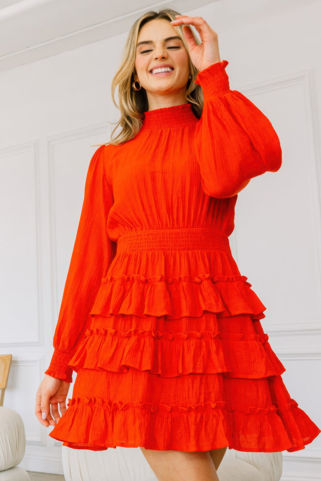 Smocked Neck Tiered Mini Dress -