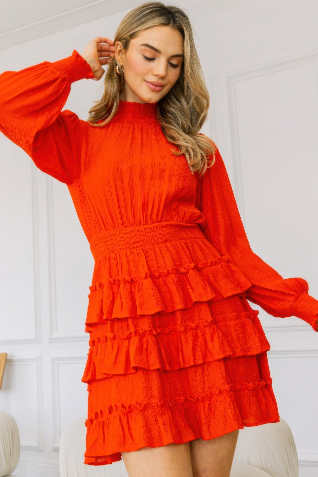 Smocked Neck Tiered Mini Dress -