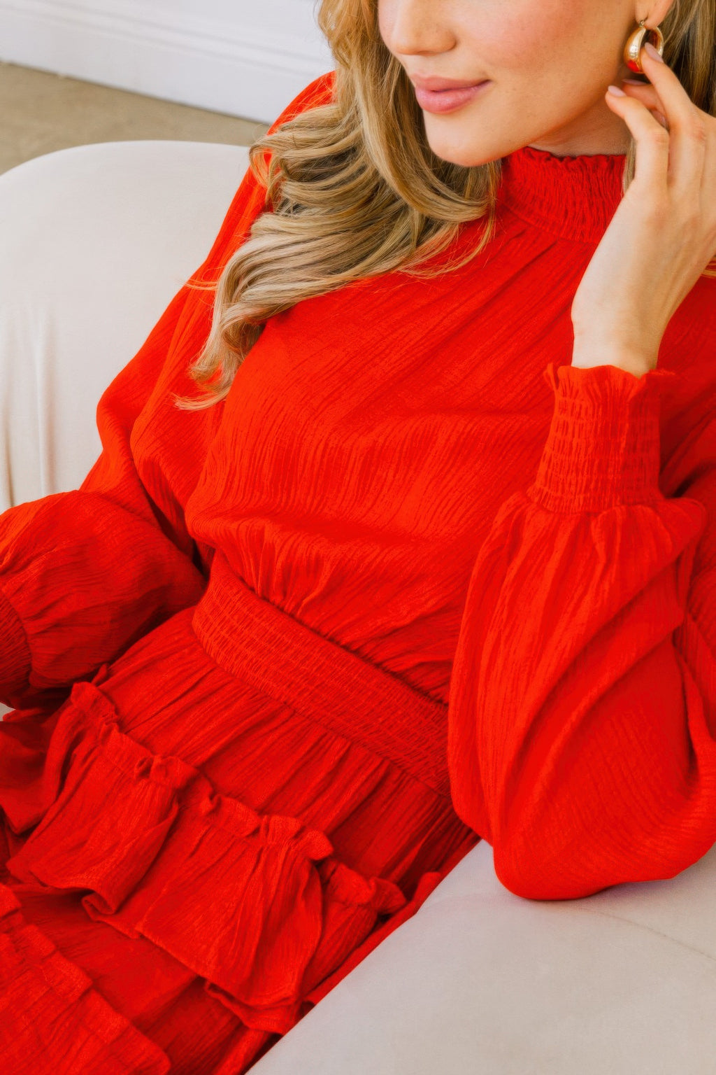 Smocked Neck Tiered Mini Dress -