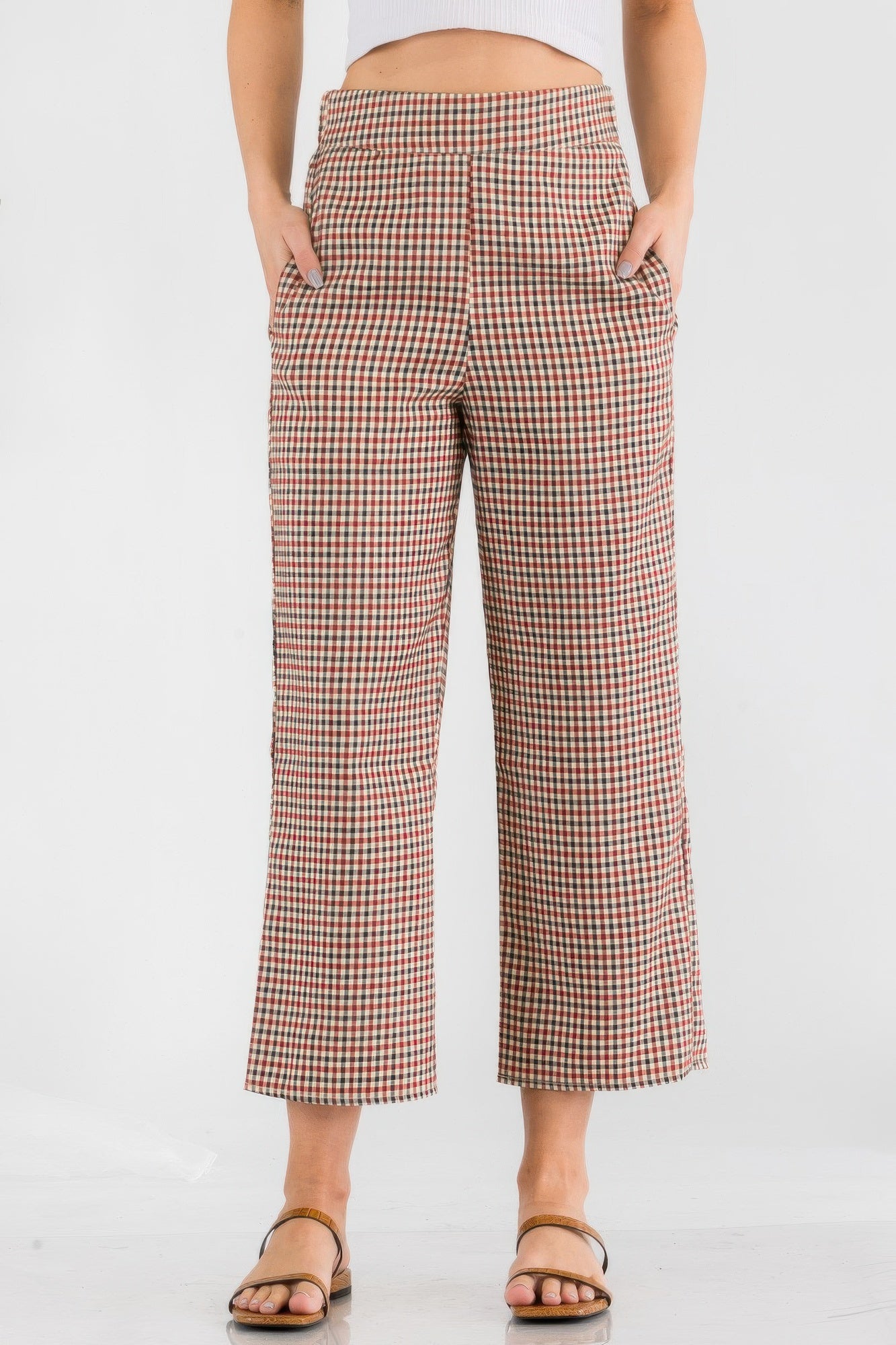 High Waist Gingham Straight Pants -