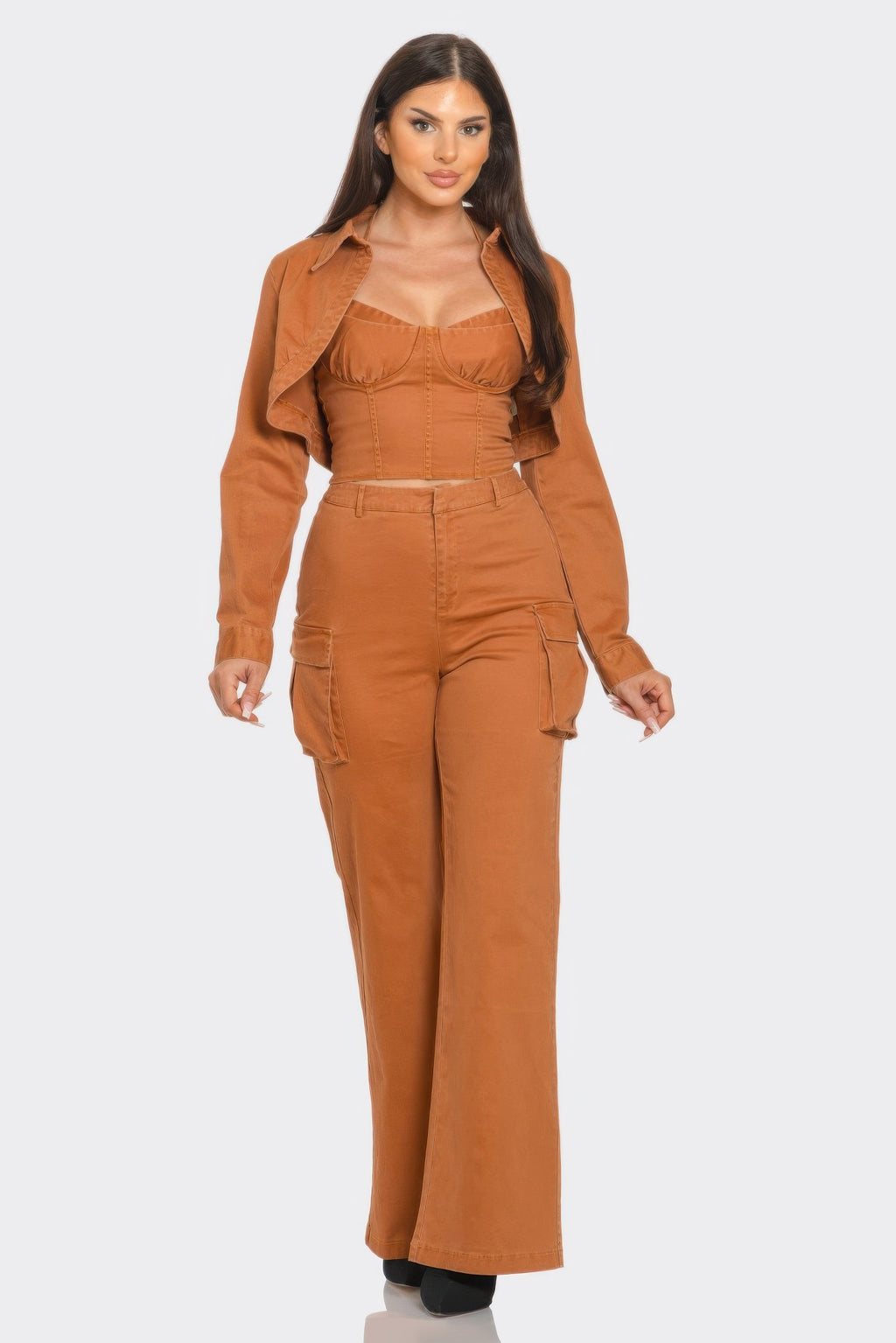 Studded Crop Jacket 3pcs Set - Brown