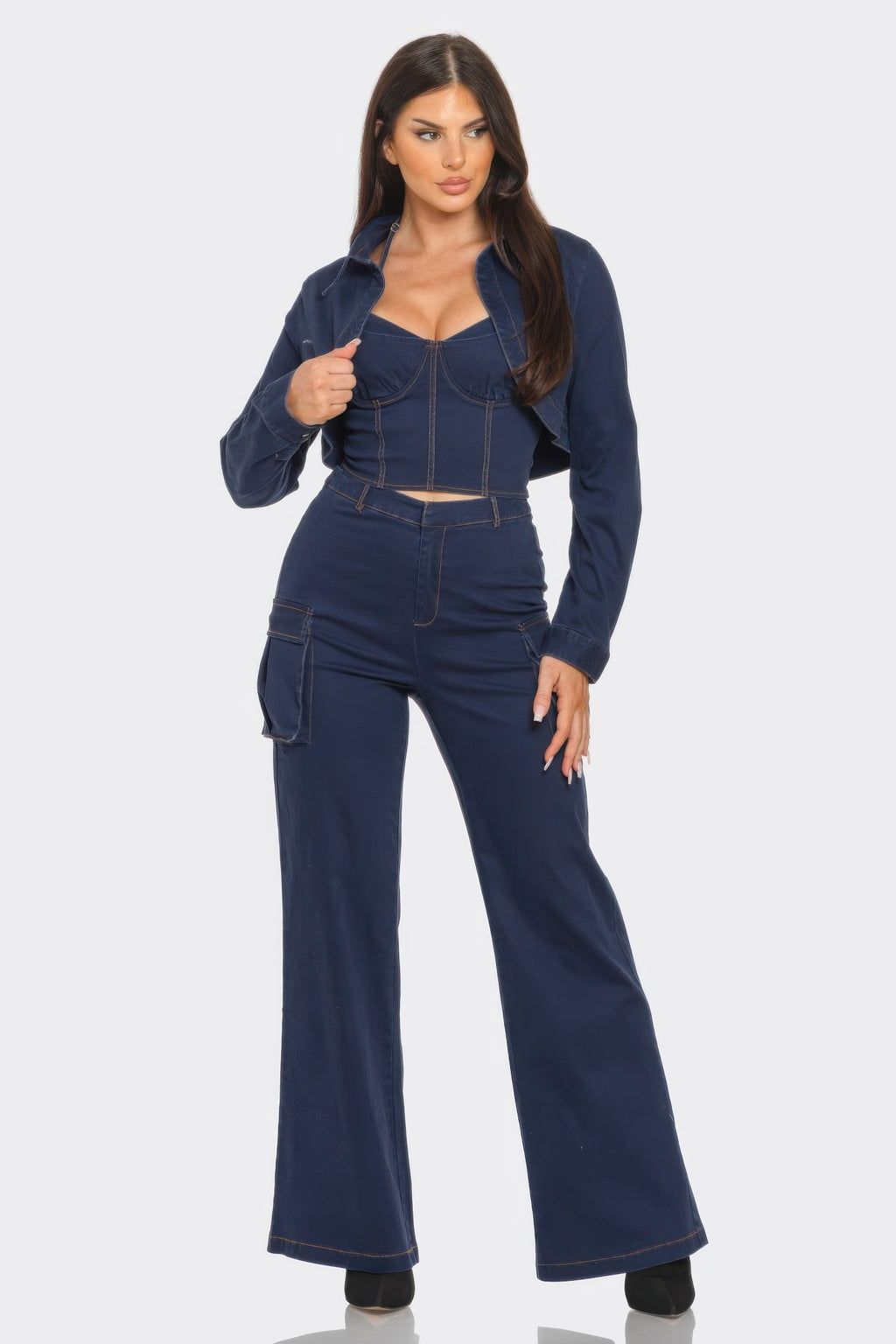 Studded Crop Jacket 3pcs Set - Navy