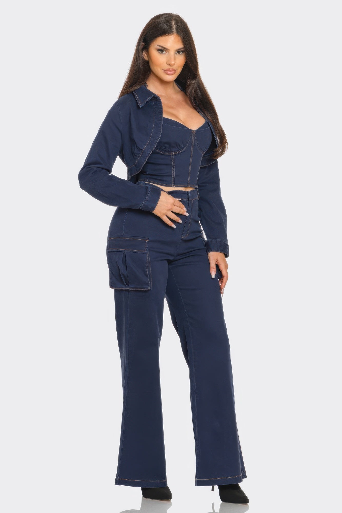 Studded Crop Jacket 3pcs Set -
