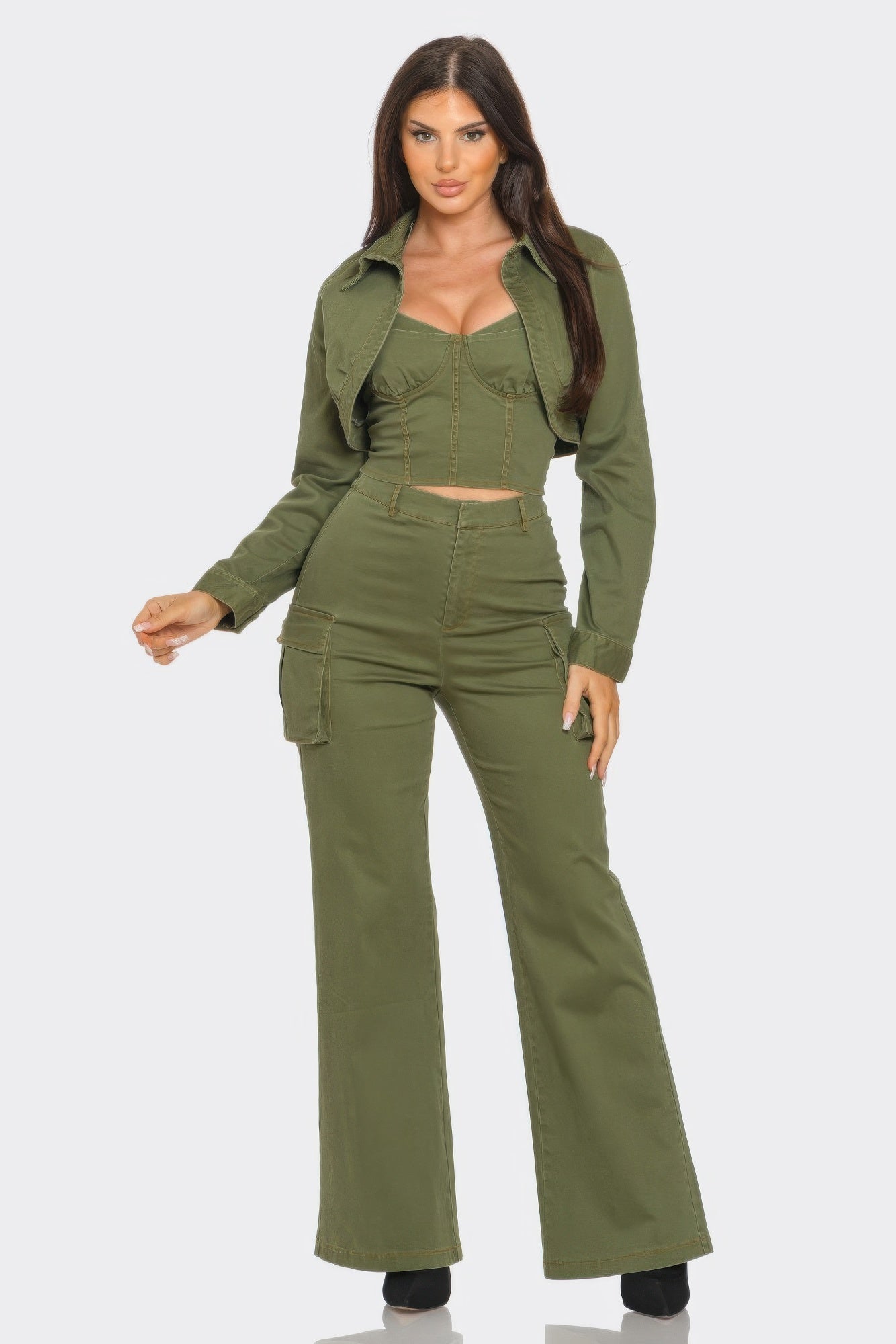 Studded Crop Jacket 3pcs Set - Olive