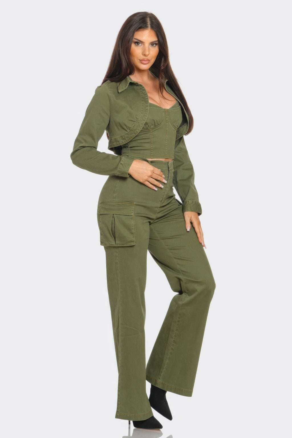 Studded Crop Jacket 3pcs Set -