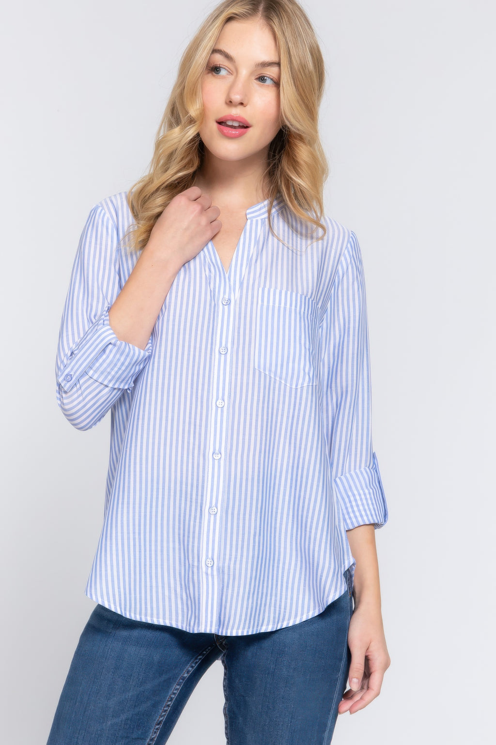 Split Neck Stripe Woven Shirt - Blue