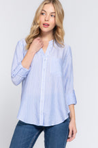 Split Neck Stripe Woven Shirt - Blue