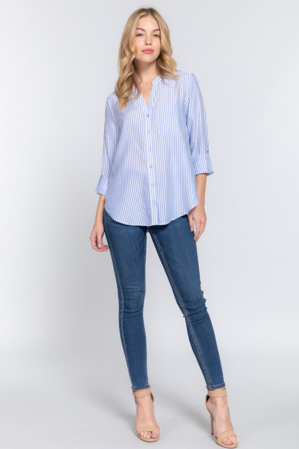 Split Neck Stripe Woven Shirt -