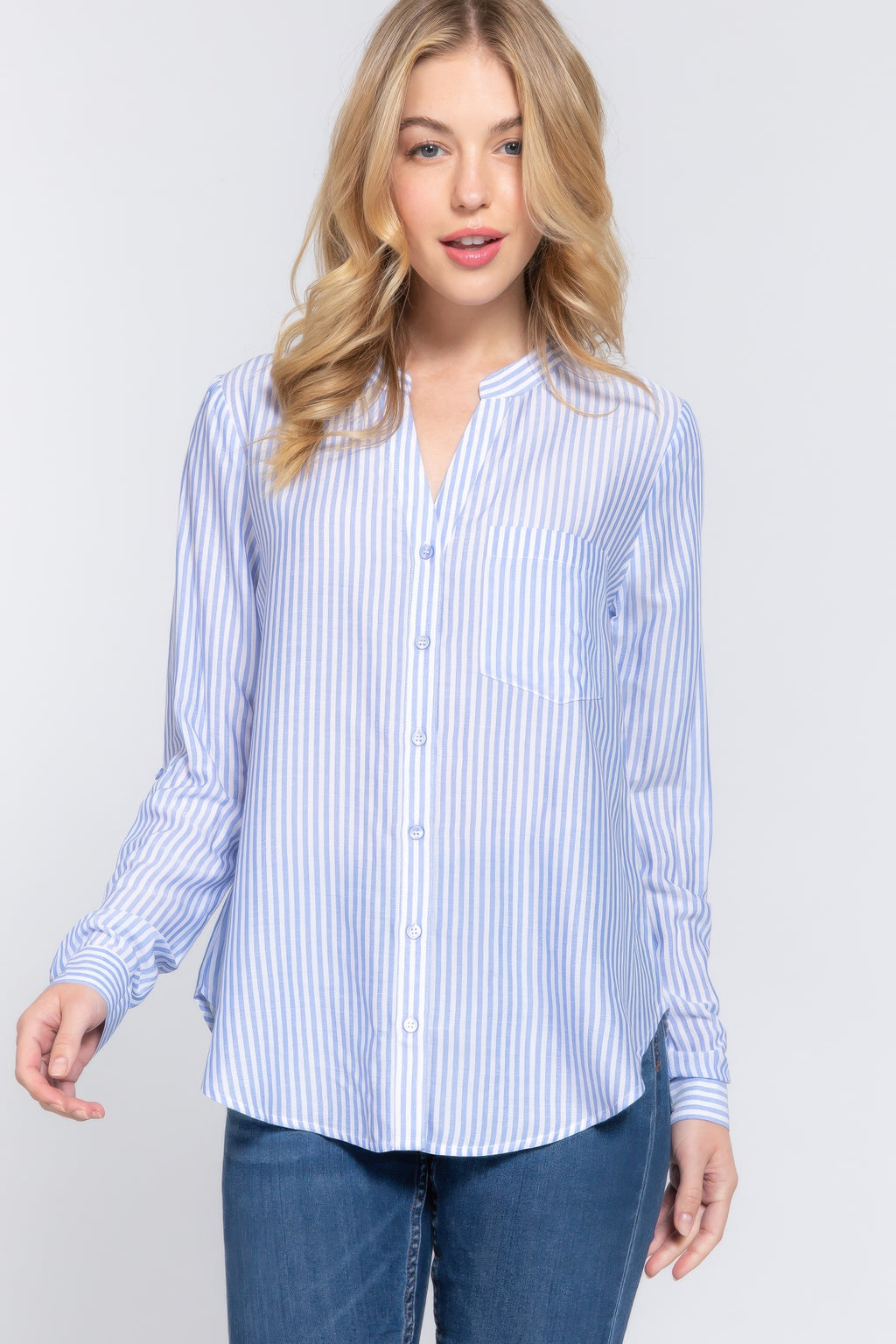Split Neck Stripe Woven Shirt -