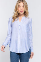 Split Neck Stripe Woven Shirt -