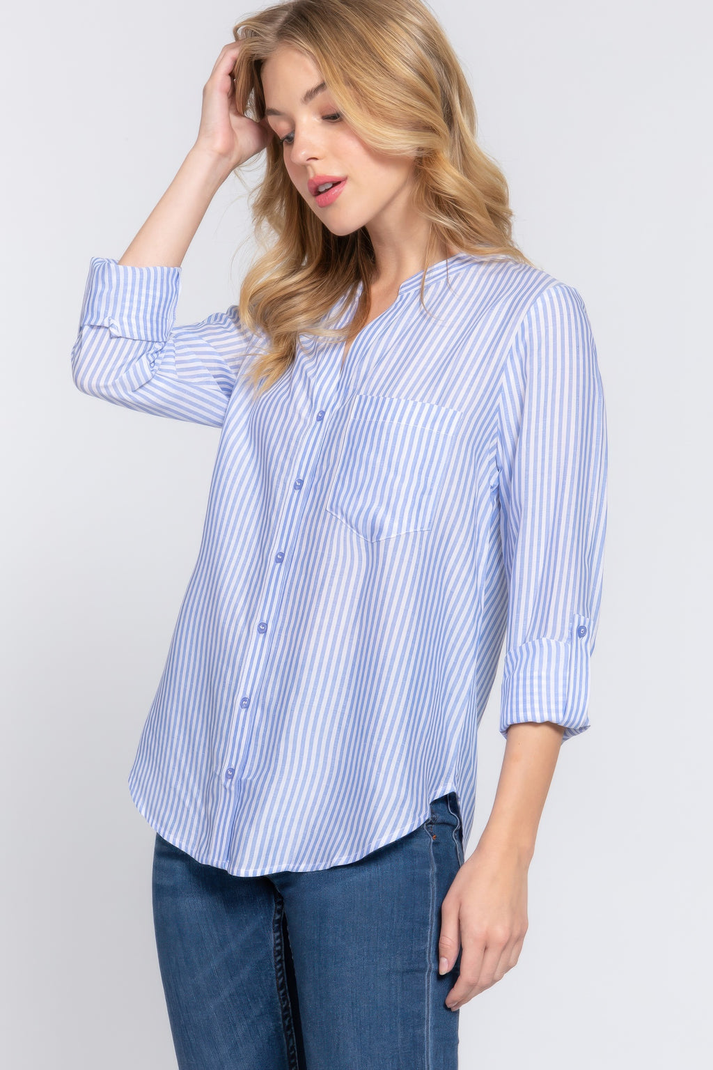 Split Neck Stripe Woven Shirt -