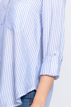 Split Neck Stripe Woven Shirt -