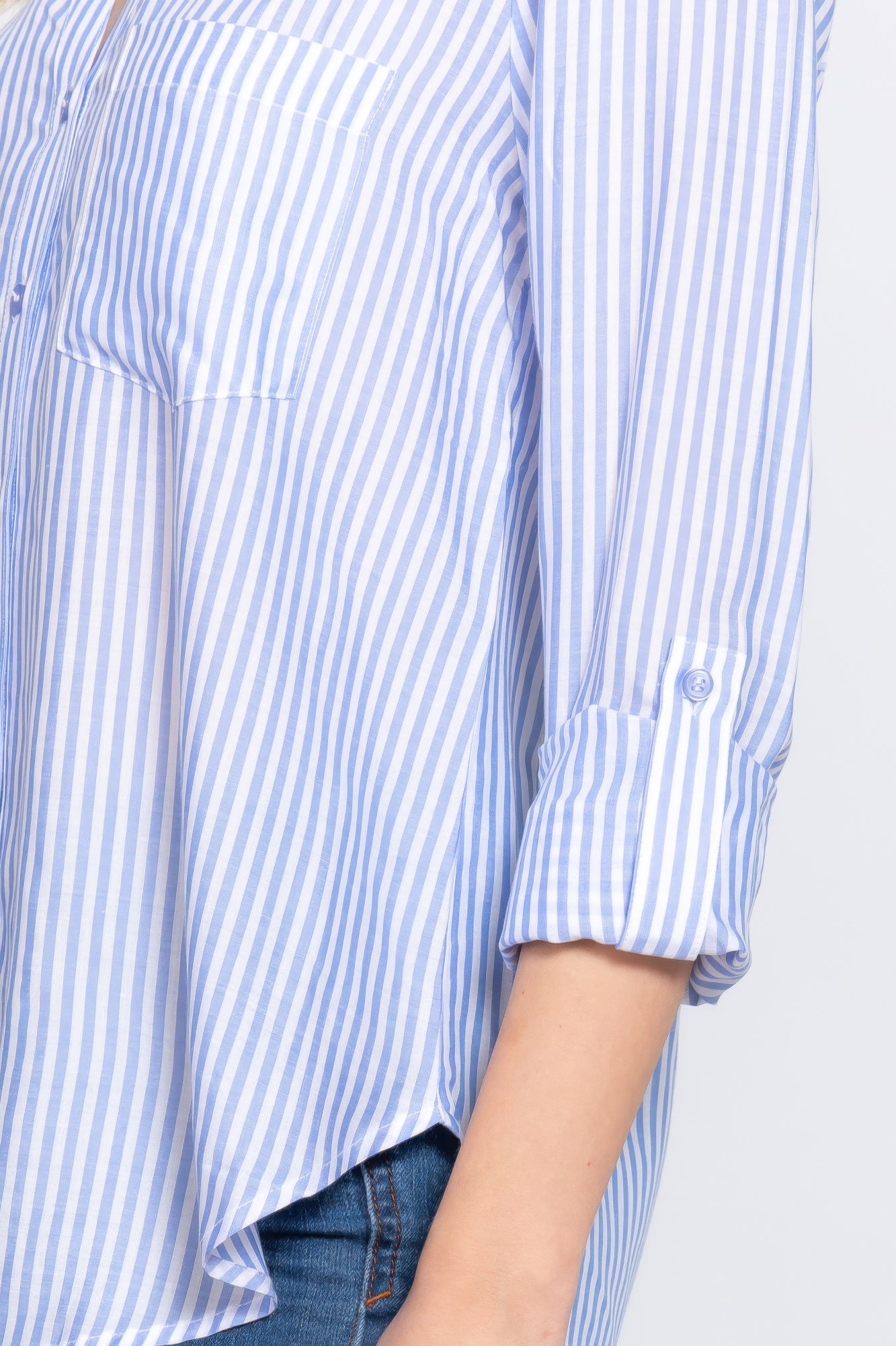 Split Neck Stripe Woven Shirt -