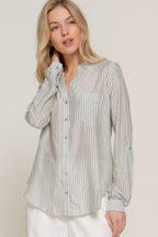 Split Neck Stripe Woven Shirt -