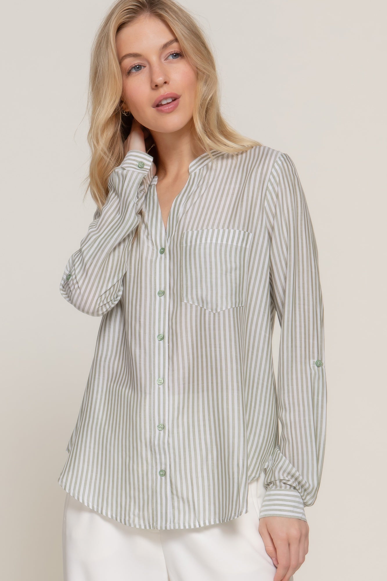 Split Neck Stripe Woven Shirt -