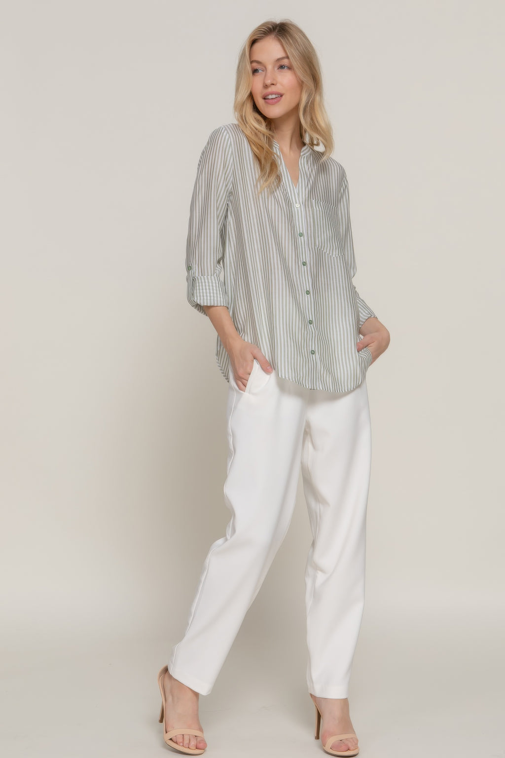 Split Neck Stripe Woven Shirt -