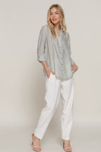 Split Neck Stripe Woven Shirt -