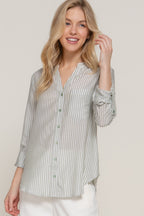 Split Neck Stripe Woven Shirt -