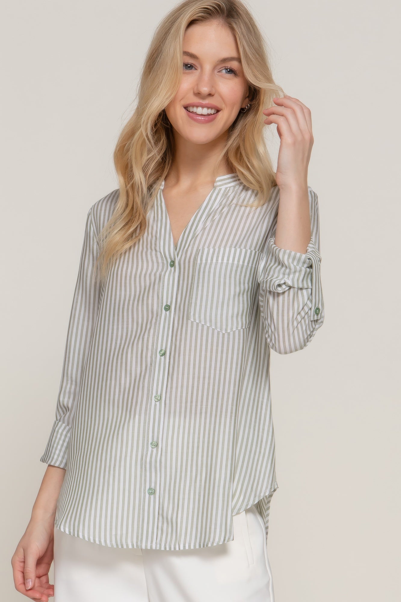 Split Neck Stripe Woven Shirt -