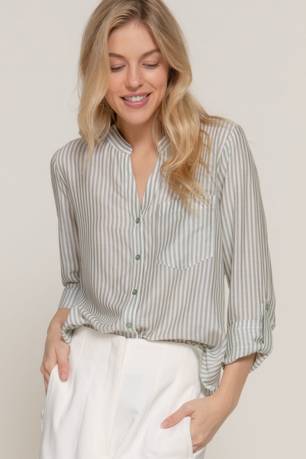 Split Neck Stripe Woven Shirt - Olive
