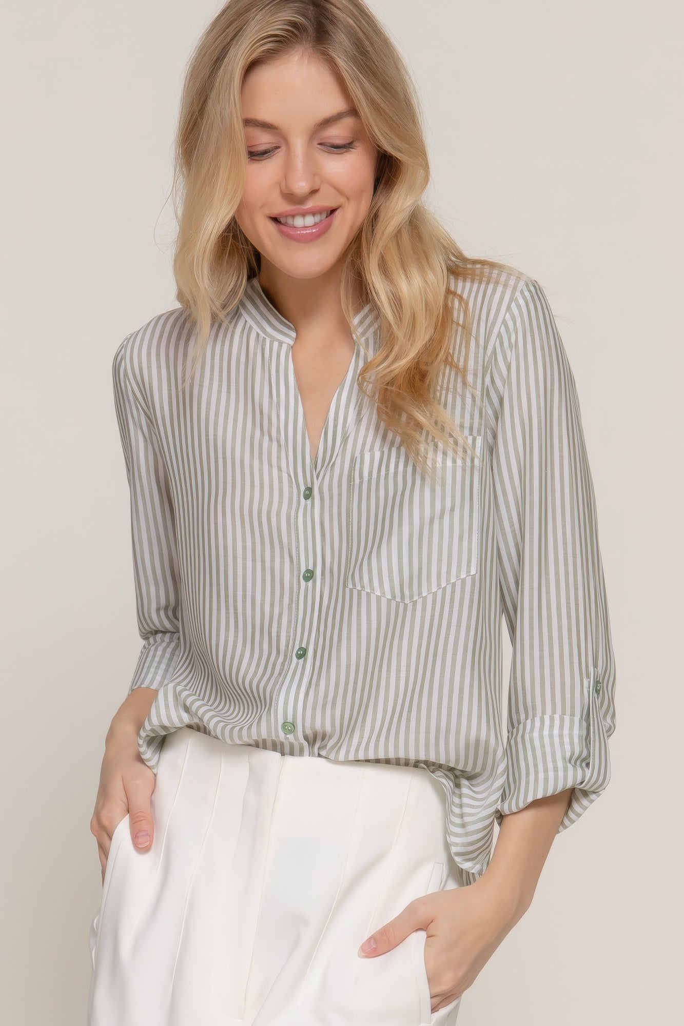 Split Neck Stripe Woven Shirt - Olive