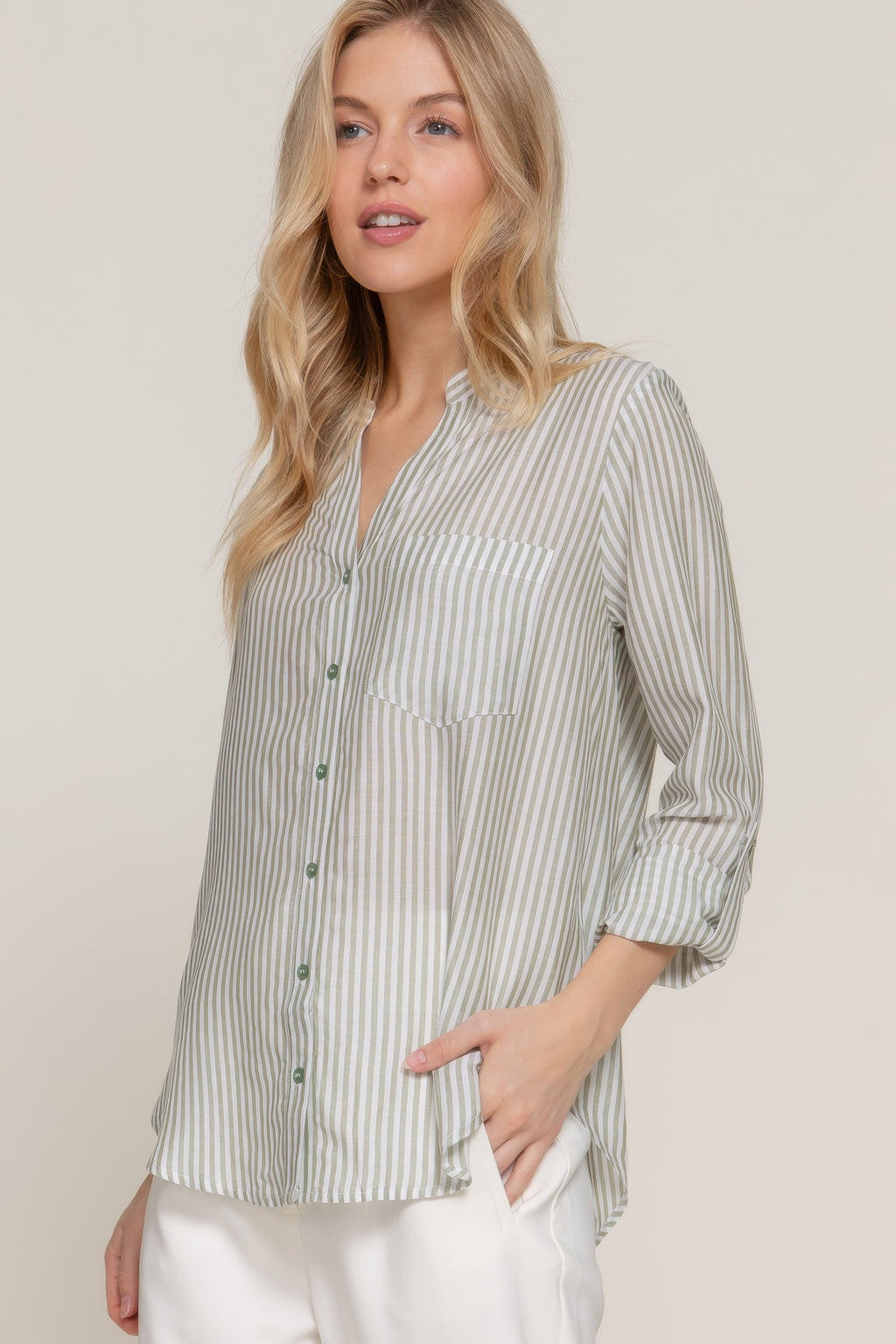Split Neck Stripe Woven Shirt -