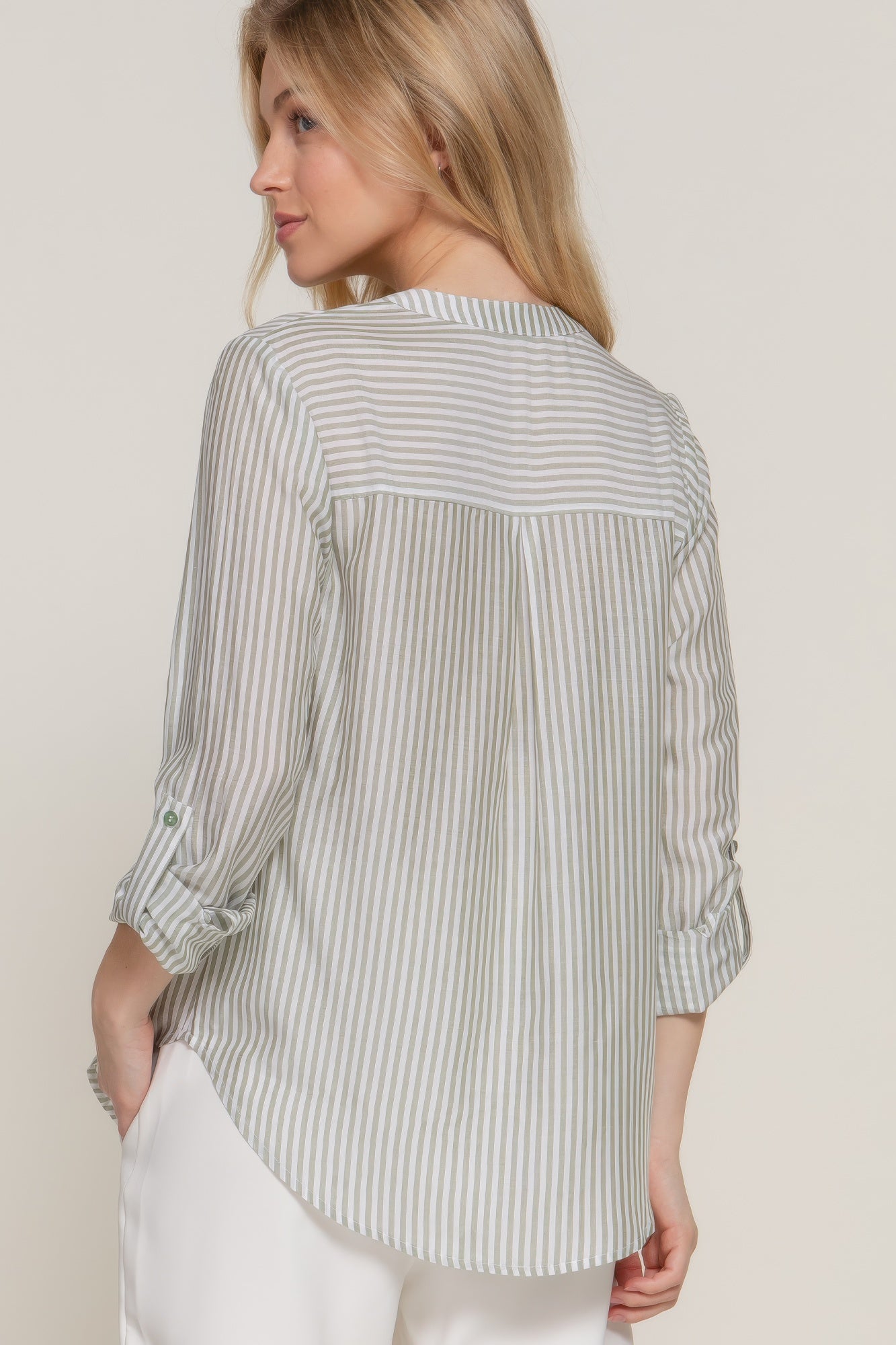 Split Neck Stripe Woven Shirt -