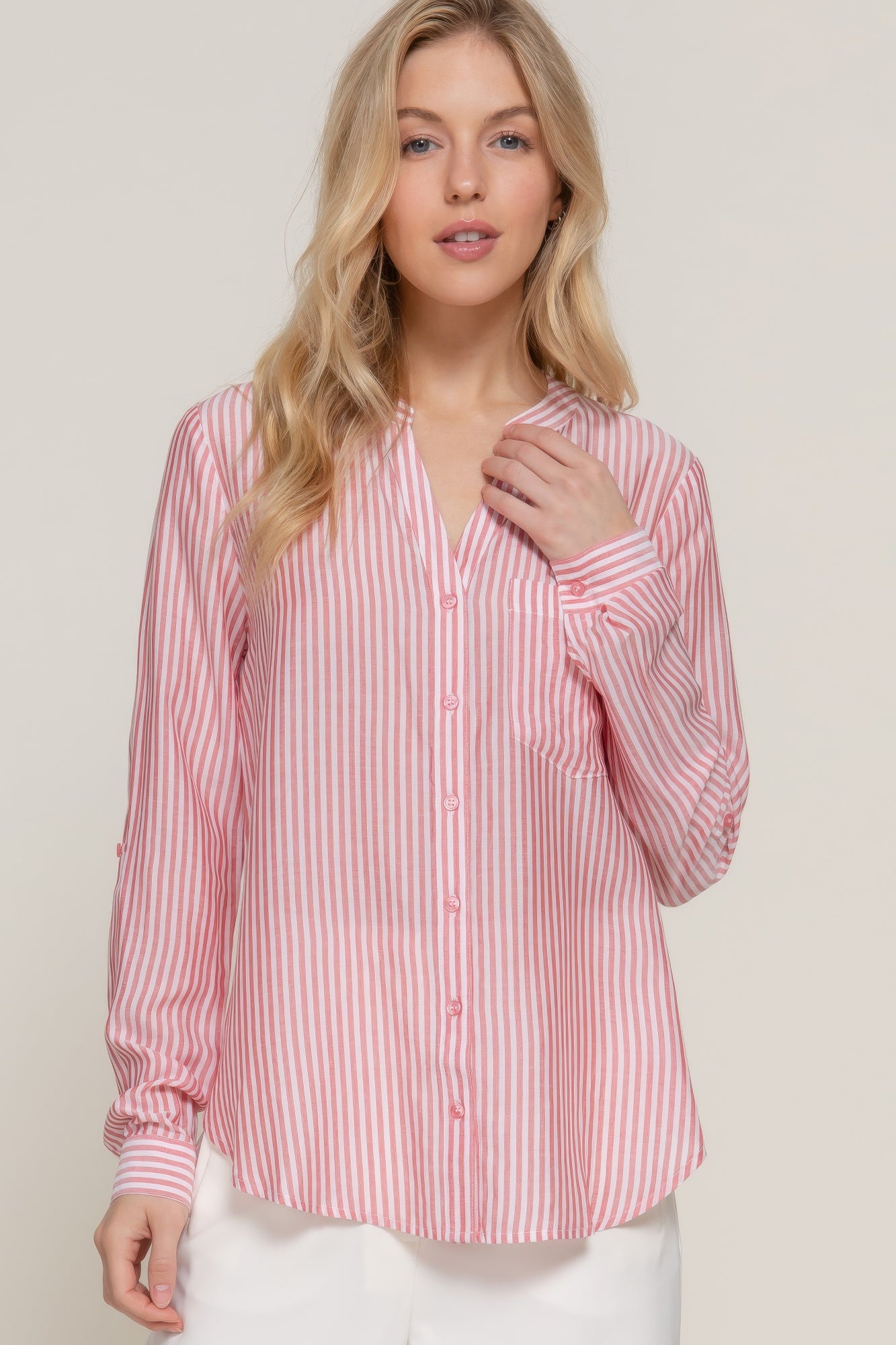 Split Neck Stripe Woven Shirt -