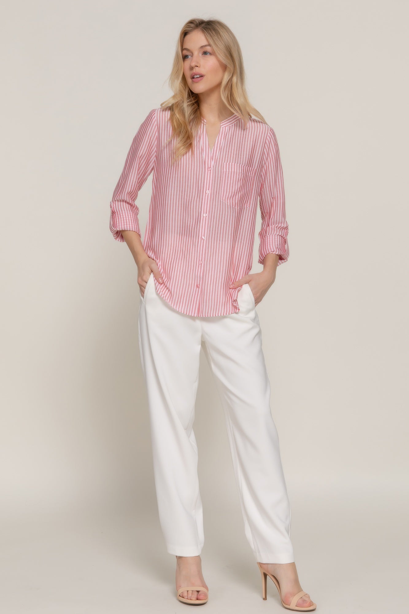 Split Neck Stripe Woven Shirt -