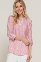 Split Neck Stripe Woven Shirt -