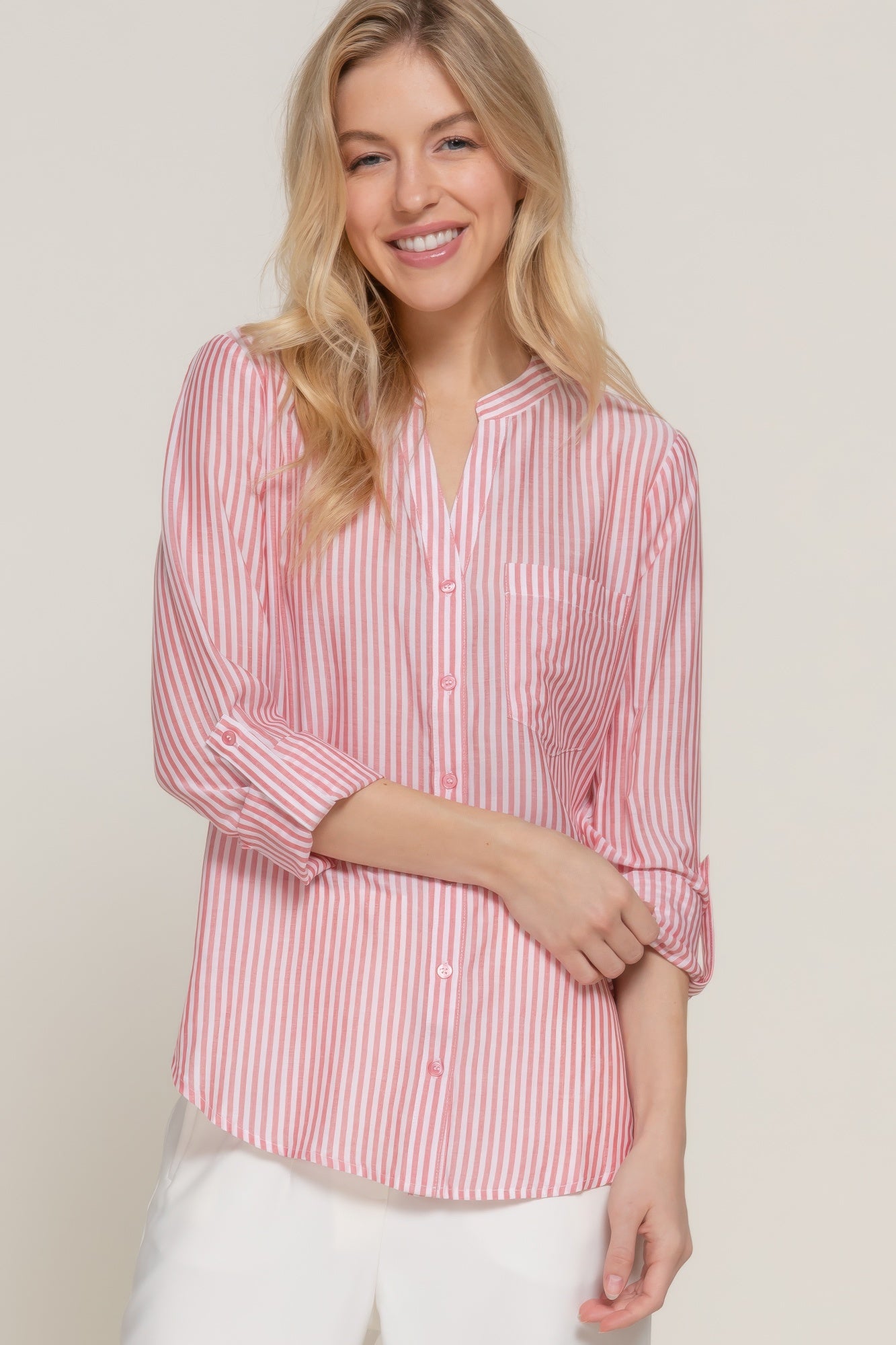 Split Neck Stripe Woven Shirt -