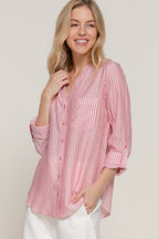 Split Neck Stripe Woven Shirt -