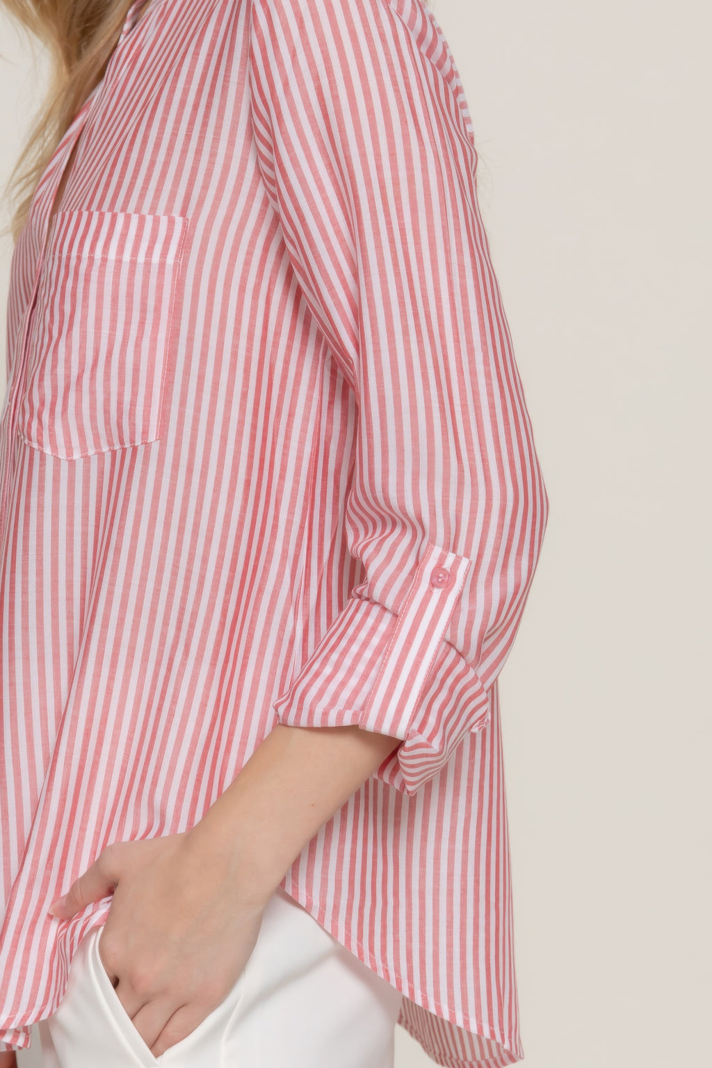 Split Neck Stripe Woven Shirt -