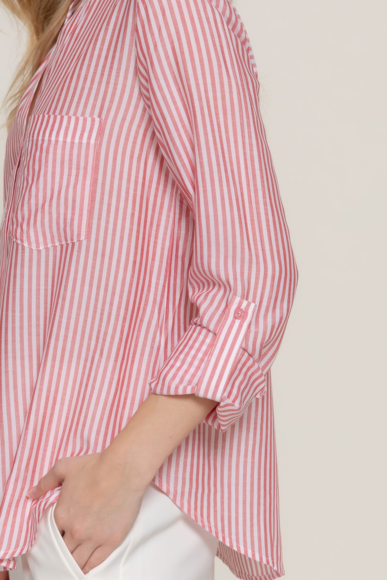 Split Neck Stripe Woven Shirt -