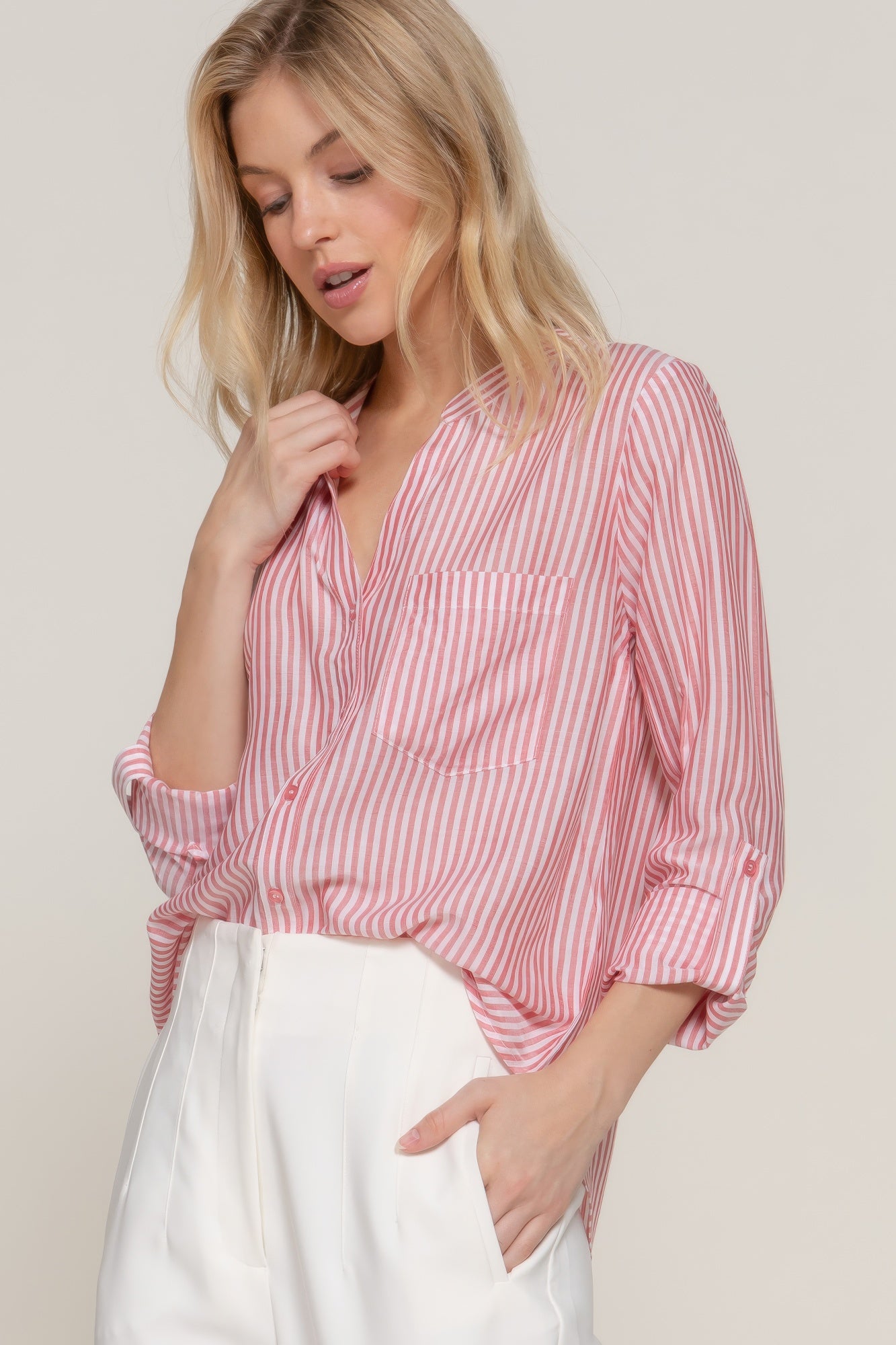 Split Neck Stripe Woven Shirt - Red Main image