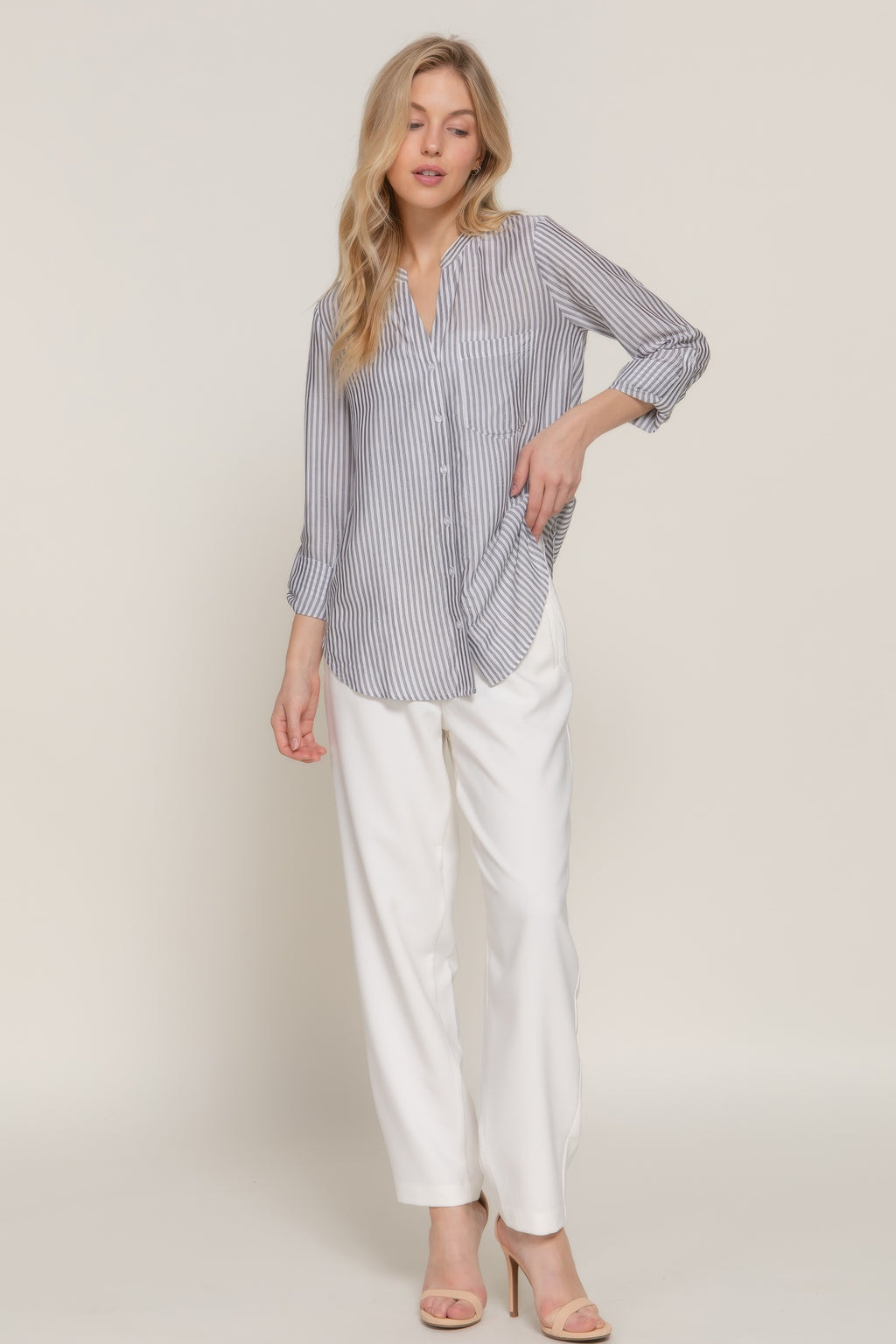 Split Neck Stripe Woven Shirt -