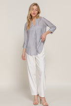 Split Neck Stripe Woven Shirt -