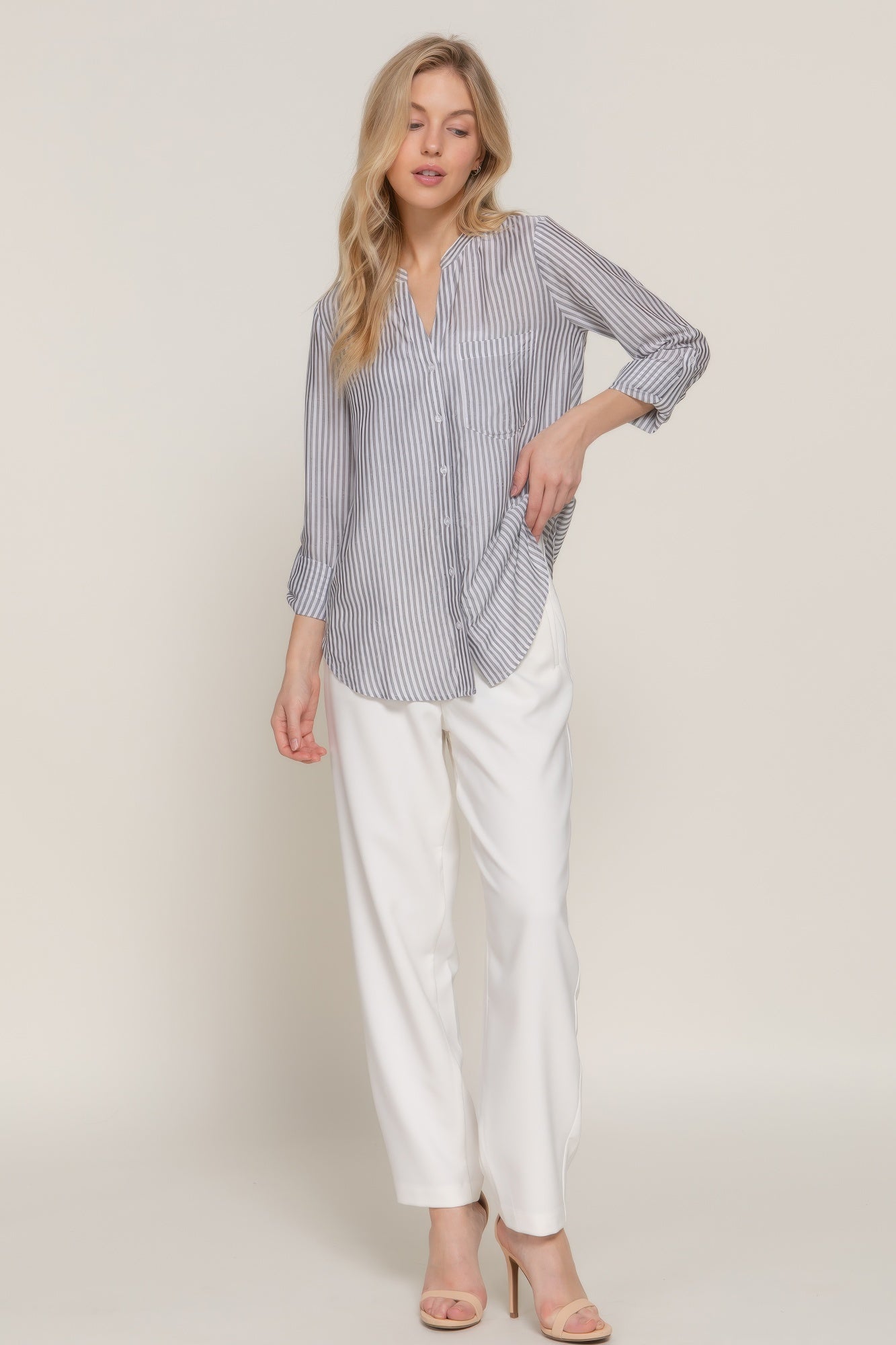 Split Neck Stripe Woven Shirt -