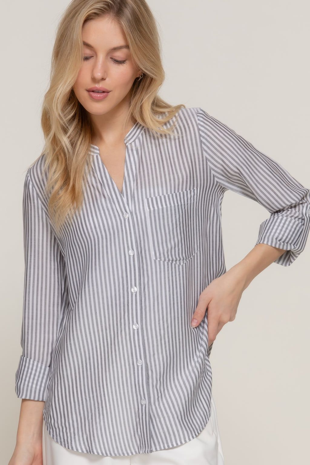 Split Neck Stripe Woven Shirt -