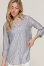 Split Neck Stripe Woven Shirt -