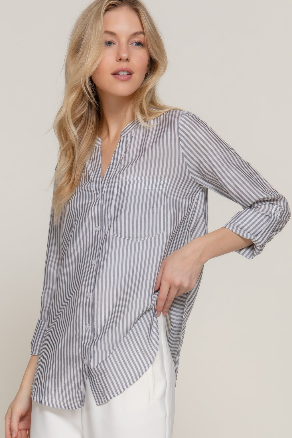 Split Neck Stripe Woven Shirt -