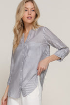 Split Neck Stripe Woven Shirt -