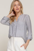 Split Neck Stripe Woven Shirt - Black
