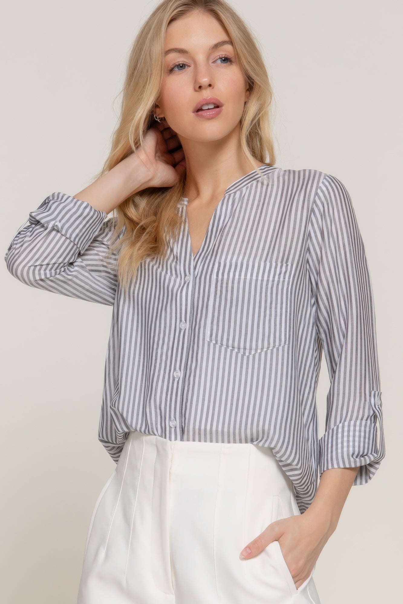 Split Neck Stripe Woven Shirt - Black