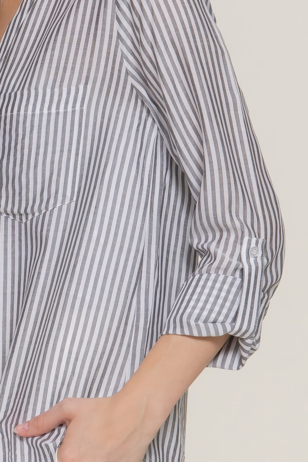Split Neck Stripe Woven Shirt -