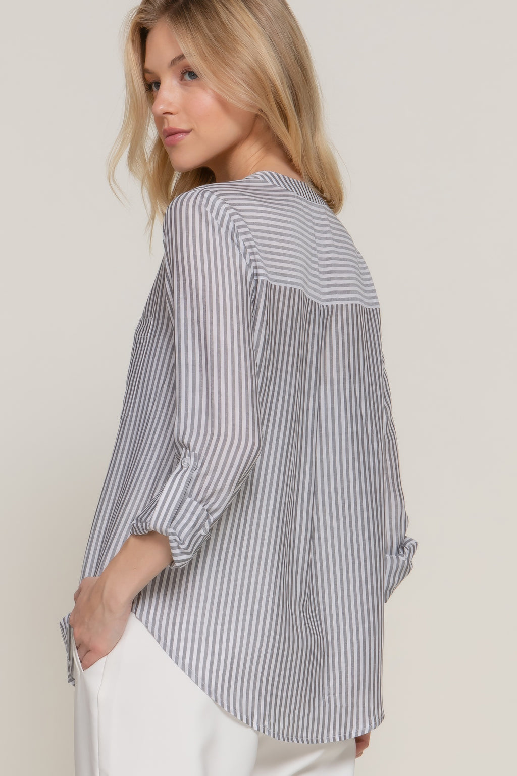 Split Neck Stripe Woven Shirt -